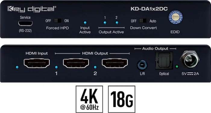 1x2 4K 18G HDMI Distribution Amplifier Audio De-Embed, 4K to 1080p Down-Convert