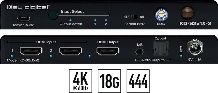 2x1 4K/18G HDMI Switcher with L/R & Optical Audio De-Embed Output