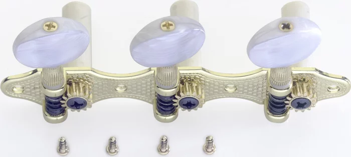 Deluxe machine heads 3 x 3, with half-closed axis, for classical guitar, gold finish, white buttons