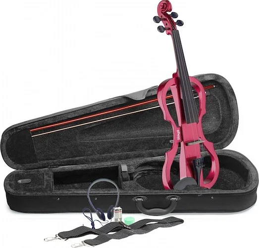 4/4 electric violin set with metallic red electric violin, soft case and headphones