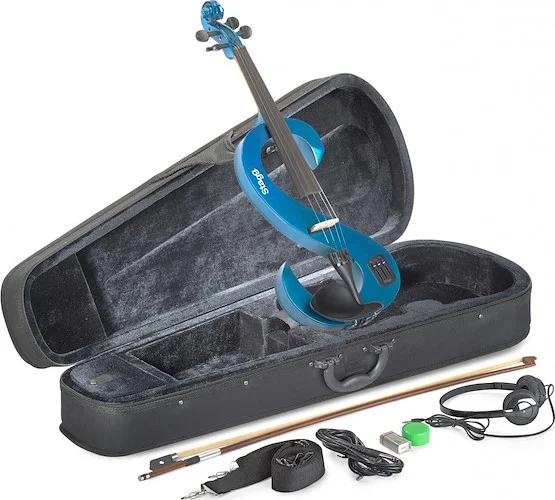 4/4 electric violin set with S-shaped metallic blue electric violin, soft case and headphones