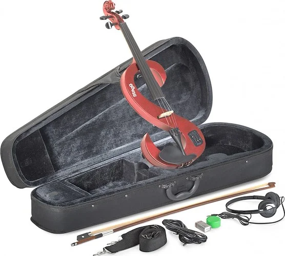 4/4 electric violin set with S-shaped metallic red electric violin, soft case and headphones