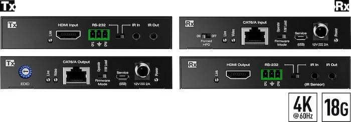 4K 18G HDMI over 50m / 164' CAT5e/6 Extender TX and Rx Kit with HDR, Power over Cat, IR or RS-232