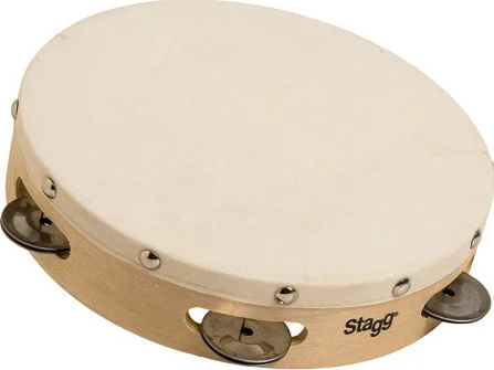 8" pre-tuned wooden tambourine with rivetted head and 1 row of jingles