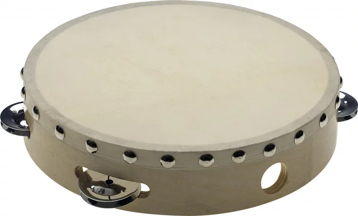8" pre-tuned wooden tambourine with rivetted head and 1 row of jingles