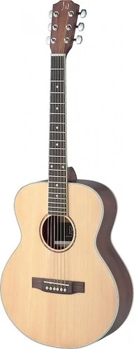 Asyla series mini auditorium acoustic travel guitar with solid spruce top, left-handed model