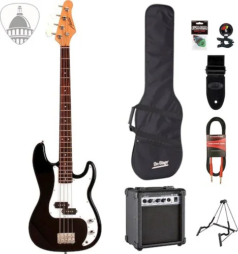 Austin Classic Double Cutaway Electric Bass Black Finish Bundle with 10 Watt Bass Amp and accesories