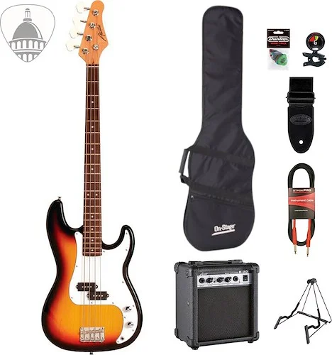 Austin Classic Double Cutaway Electric Bass Sunburst Finish Bundle with 10 Watt Bass Amp and accesories