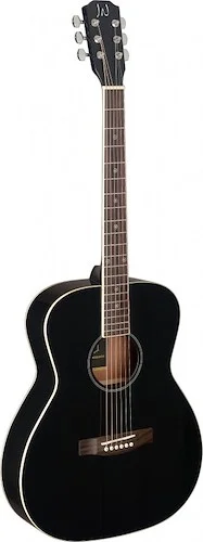 Black acoustic auditorium guitar with solid spruce top, Bessie series