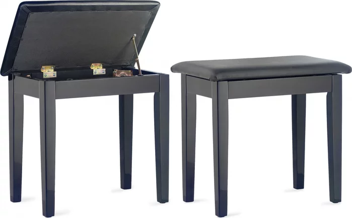 Highgloss black piano bench with black vinyl top and storage compartment