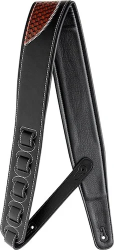 Black padded leatherette guitar strap with dark brown guitar shape