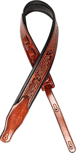 Brown padded distressed leatherette guitar strap with pressed flower pattern