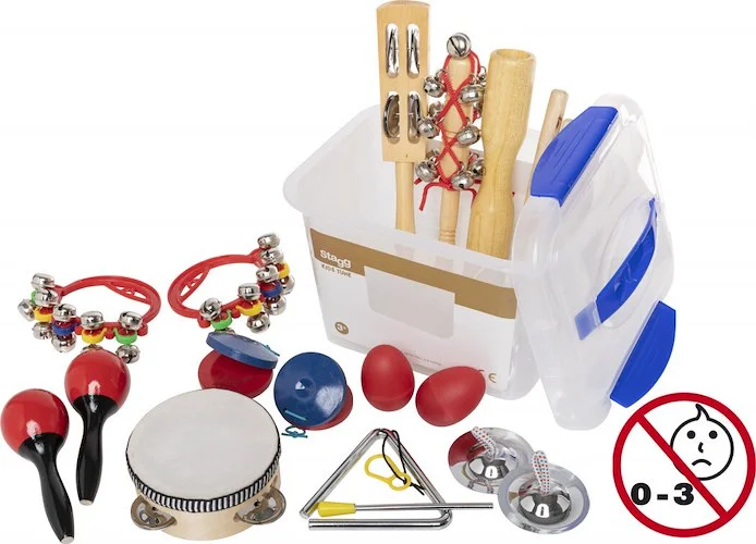 Children's percussion kit in transparent plastic box w/ sealable lid