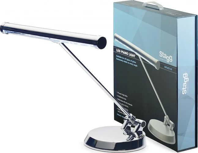 Chrome battery-powered or mains-operated LED piano or desk lamp