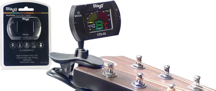 Black automatic chromatic clip-on tuner, 430 to 450 Hz calibration