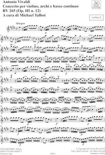 Concerto E Major, RV 265, Op. III, No. 12 - Strings Continuo Rv265 (op. 3, No. 12) Parts