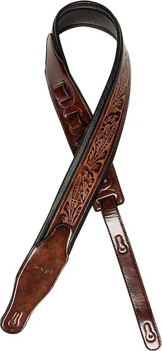 Dark brown padded distressed leatherette guitar strap with pressed flower pattern