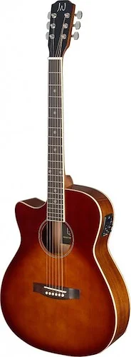 Dark cherryburst acoustic-electric auditorium guitar with solid spruce top, left-handed, Bessie