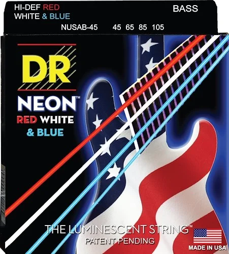 DR Strings NUSAB-45 Hi-Def Neon Bass Strings. Red White and Blue 45-105