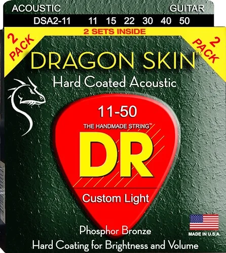 DR Strings DSA-2/11 Dragon Skin Clear Coated Acoustic Guitar Strings. 11-50 (2-Pack) 