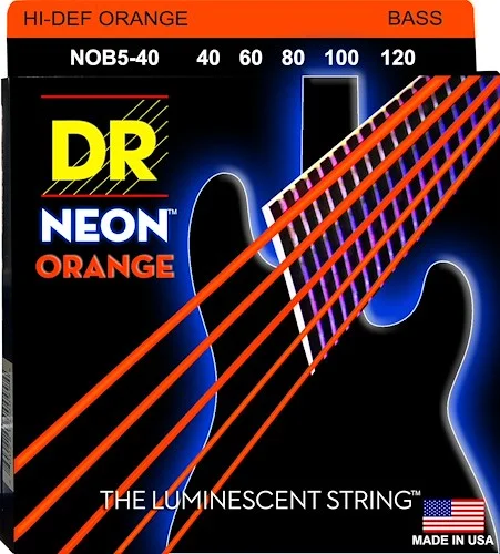 DR Strings NOB5-40 Hi-Def Neon Bass Strings (5 String). Orange 40-120