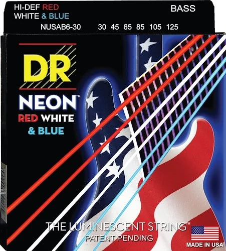 DR Strings NUSAB6-30 Hi-Def Neon Bass Strings (6 String). Red White and Blue 30-125
