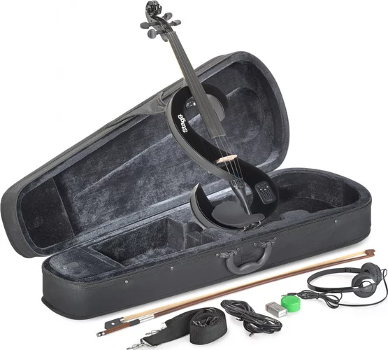 4/4 electric violin set with S-shaped black electric violin, soft case and headphones