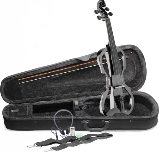 4/4 electric violin set with metallic black electric violin, soft case and headphones
