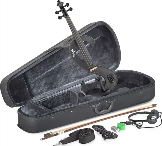 4/4 electric violin set with S-shaped metallic black electric violin, soft case and headphones