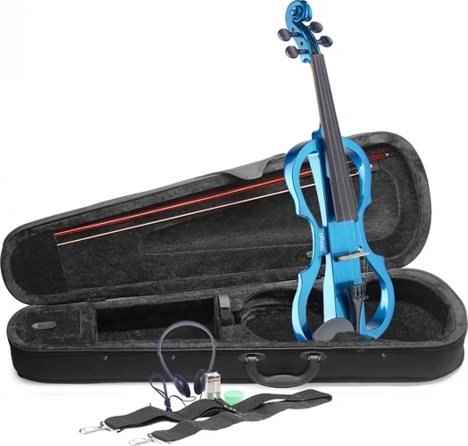 4/4 electric violin set with metallic blue electric violin, soft case and headphones
