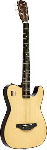 Electric solid body folk guitar with cutaway, natural-coloured