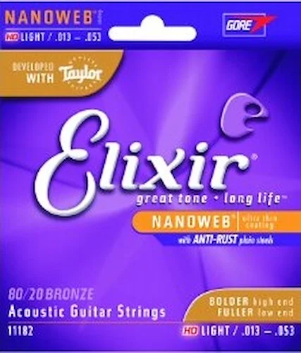 Elixir 11182 80/20 Bronze Acoustic Guitar Strings with NANOWEB. HD Light 13-53