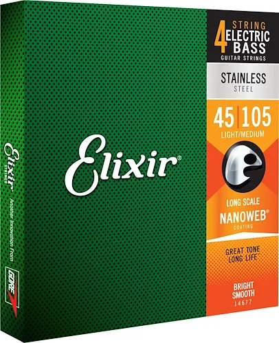 Elixir 14677 Stainless Steel Bass Strings with NANOWEB. Medium 45-105