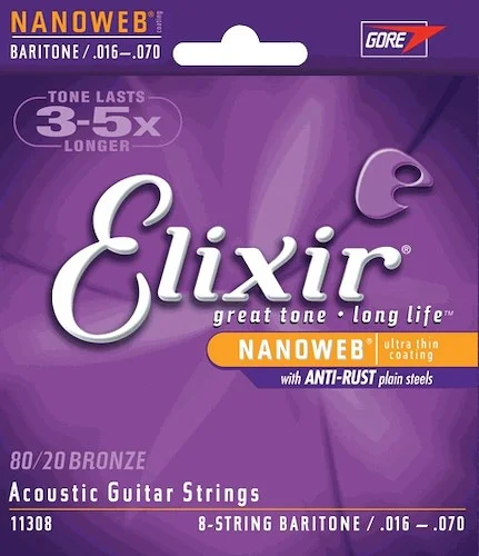 Elixir 11306 80/20 Bronze ((8 String)) Baritone Acoustic Guitar Strings with NANOWEB. 16-70