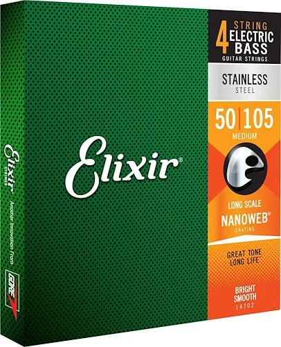 Elixir 14702 Stainless Steel Bass Strings with NANOWEB. Long Scale Medium 50-105