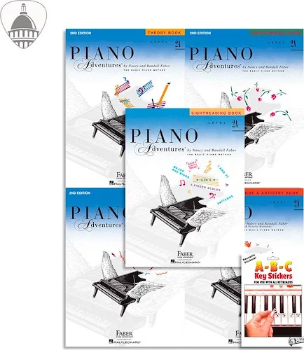 Faber Piano Adventures Level 2A Bundle- Lesson, Performance, Technique & Artistry, and Theory Books 5 in 1 Package with ABC Keyboard Stickers