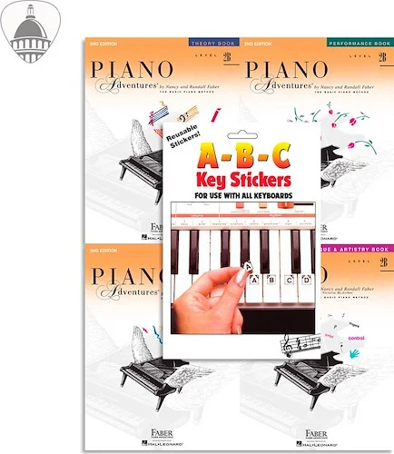 Faber Piano Adventures Level 2B Bundle- Lesson, Performance, Technique & Artistry, and Theory Books 4 in 1 Package with ABC Keyboard Stickers