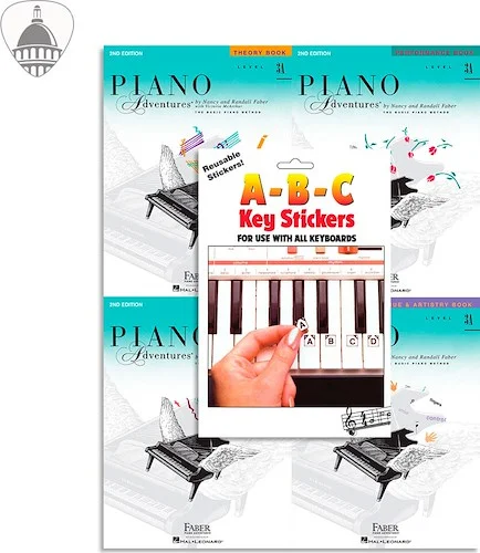 Faber Piano Adventures Level 3A Bundle- Lesson, Performance, Technique & Artistry, and Theory Books 4 in 1 Package with ABC Keyboard Stickers