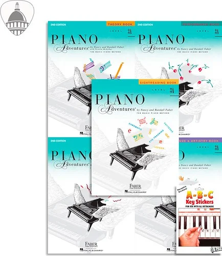 Faber Piano Adventures Level 3A Bundle- Lesson, Performance, Technique & Artistry, and Theory Books 5 in 1 Package with ABC Keyboard Stickers