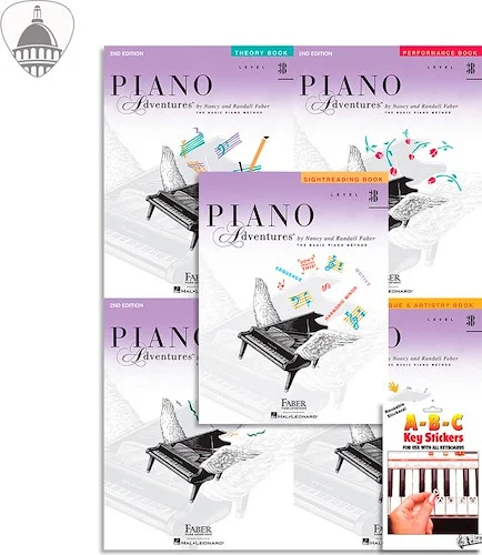 Faber Piano Adventures Level 3B Bundle- Lesson, Performance, Technique & Artistry, and Theory Books 5 in 1 Package with ABC Keyboard Stickers