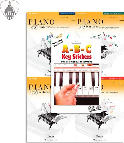 Faber Piano Adventures Level 4 Bundle- Lesson, Performance, Technique & Artistry, and Theory Books 4 in 1 Package with ABC Keyboard Stickers