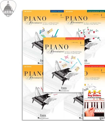 Faber Piano Adventures Level 4 Bundle- Lesson, Performance, Technique & Artistry, and Theory Books 5 in 1 Package with ABC Keyboard Stickers