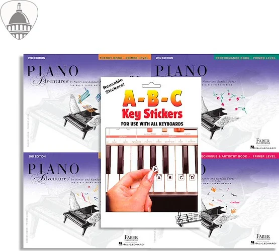 Faber Piano Adventures Primer Level Bundle- Lesson, Performance, Technique & Artistry, and Theory Books 4 in 1 Package with ABC Keyboard Stickers