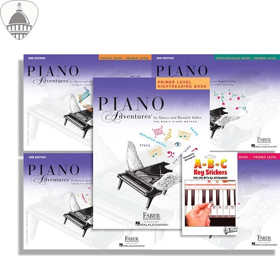 Faber Piano Adventures Primer Level Bundle- Lesson, Performance, Technique & Artistry, and Theory Books 5 in 1 Package with ABC Keyboard Stickers