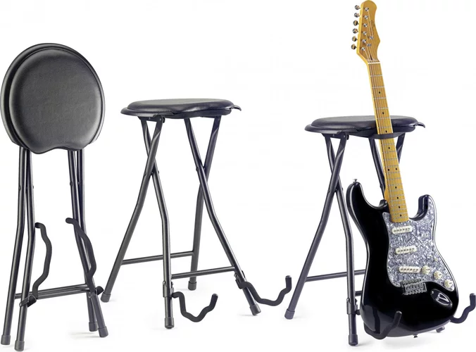 Foldable round stool with built-in guitar stand