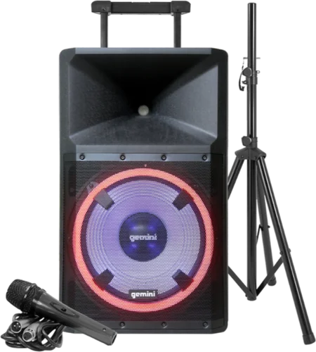 Gemini GSP-L2200PK 15" Ultra Powerful Bluetooth 2200 Watt Peak Speaker with Party Lights and Built in Media Player with speaker stand, wired microphone included Image