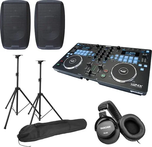 GMX Professional Player and Mixer, Tascam TH-05 - Monitoring Headphones, 2 12" Active Loudspeakers and Professional Speaker Stand Pack