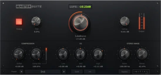 Initial Audio Master Suite (Download)<br>Adjust the loudness and finalize your track with the 3 band equalizer and stereo image controls