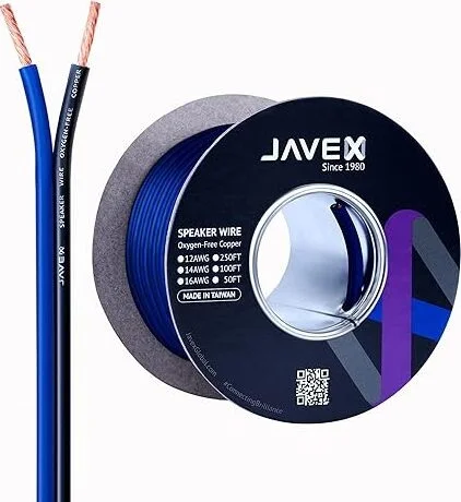 JAVEX Speaker Wire 12-Gauge AWG [Oxygen-Free Copper 99.9%] HighFlex Stranded Copper, Flat Cable Blue/Black, 250FT