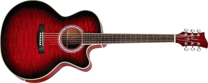 Jay Turser JTA-424QCET Acoustic Guitar, Quilt Finish Catalpa Top w/ Piezo Pickup and Preamp Tuner - Red Sunburst Finish